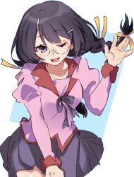  1girl :3 absurdres arm_up bakemonogatari black_hair blue_skirt braid breasts commentary_request glasses hair_ornament hairpin hanekawa_tsubasa highres juliet_sleeves large_breasts light_blush long_hair long_sleeves looking_at_viewer monogatari_(series) multiple_hairpins naoetsu_high_school_uniform one_eye_closed open_mouth pink_serafuku puffy_sleeves school_uniform serafuku simple_background single_braid skirt solo tsugumi_(tgm_615486) violet_eyes white_background 