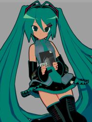  1girl 3d absurdres animasa_model_(mikumikudance) antenna_hair aqua_eyes aqua_hair aqua_nails aqua_necktie art_study bare_shoulders belt_charm black_sleeves cameo character_charm charm_(object) commentary cowboy_shot detached_sleeves doko_demo_issyo english_commentary grey_background grey_shirt hair_between_eyes hair_ornament hatsune_miku headphones headset highres holding icon_(computing) inoue_toro kio_(majin_kz) long_hair looking_at_viewer mikumikudance_(medium) necktie number_tattoo pose_study shirt simple_background skirt sleeveless sleeveless_shirt smile solo tattoo thigh-highs twintails very_long_hair vocaloid 
