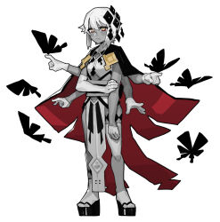  colored_skin commentary_request extra_arms full_body gloves grey_skin hair_ornament highres multicolored_eyes original parody pelvic_curtain red_eyes shawn_ger_lin simple_background solo white_gloves white_hair yellow_eyes 