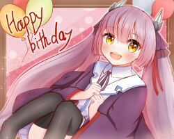  1girl :d balloon black_robe black_thighhighs blunt_bangs blunt_ends blush brown_hair clenched_hands collared_shirt commentary_request convenient_leg dutch_angle eyes_visible_through_hair fake_horns feet_out_of_frame frapan_pan hair_between_eyes hands_up happy happy_birthday heaven_burns_red horns knees_up long_hair miniskirt neck_ribbon ogasahara_hisame open_clothes open_mouth open_robe outline pink_background pink_outline pleated_skirt purple_ribbon ribbon robe shirt sidelocks simple_background sitting skirt smile solo sparkle teeth thigh-highs twintails upper_teeth_only upskirt very_long_hair white_shirt white_skirt yellow_eyes 