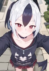  1girl black_choker black_hair black_hoodie blue_archive choker closed_mouth collarbone commentary_request cowboy_shot earclip highres hood hoodie kayoko_(blue_archive) looking_at_viewer multicolored_hair outdoors partial_commentary piercing plaid_clothes plaid_skirt pleated_skirt pov raimu_(clanberry000) reaching reaching_towards_viewer red_eyes red_skirt revision skirt smile solo two-tone_hair white_hair 