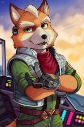  1boy 7th_art_forge animal_ears artist_name black_gloves crossed_arms english_commentary fangs fox_boy fox_ears fox_mccloud fox_tail furry furry_male gloves green_eyes green_jumpsuit highres jumpsuit looking_at_viewer male_focus neckerchief open_mouth red_neckerchief smile star_fox super_mario_bros. tail the_super_mario_galaxy_movie v vest whiskers white_vest 