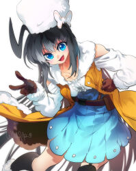  1girl ;d ahoge belt black_hair blue_dress blue_eyes brown_gloves center_frills clothing_cutout collarbone commentary dress english_commentary frills fur-trimmed_dress fur_hat fur_trim girls_frontline gloves hand_on_own_hip hat highres lightning_ahoge long_hair long_sleeves looking_at_viewer one_eye_closed open_mouth papakha shoulder_cutout signature simple_background smile solo stechkin_(girls'_frontline) v very_long_hair wangpo white_background white_hat 