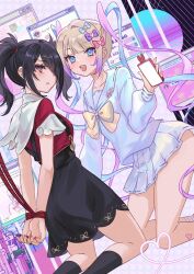  2girls :d ame-chan_(needy_girl_overdose) black_eyes black_hair black_ribbon black_skirt black_thighhighs blonde_hair blue_bow blue_eyes blue_hair blue_serafuku blue_shirt blue_skirt bound bound_wrists bow bowtie cellphone chouzetsusaikawa_tenshi-chan dual_persona hair_bow hair_ornament hair_over_one_eye holding holding_phone long_hair multiple_girls multiple_hair_bows needy_girl_overdose parted_lips phone pink_bow pink_hair purple_bow purple_hair quad_tails red_shirt ribbon rope school_uniform serafuku shirt skirt smile suspender_skirt suspenders ten-chan_(eternal_s) thigh-highs twintails very_long_hair x_hair_ornament yellow_bow yellow_bowtie 