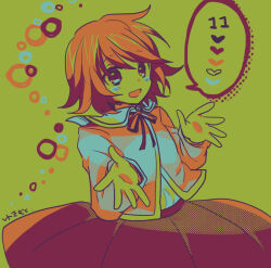  1boy blush circle color_guide colored_skin crossdressing crossdressing_(mtf) danganronpa:_trigger_happy_havoc danganronpa_(series) fujisaki_chihiro green_background green_skin heart limited_palette mikan_tabetai neck_ribbon orange_hair red_eyes red_ribbon red_skirt ribbon signature skirt smile solo speech_bubble spoken_heart trap 