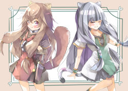  2girls animal_ear_fluff animal_ears ankle_boots atla_fayon black_boots black_dress black_hair blunt_bangs blunt_ends blush boots brown_hair child closed_eyes closed_mouth collar collarbone commentary_request cowboy_shot crossed_arms dagger double-parted_bangs dress facing_viewer floating_hair green_dress green_wrist_cuffs grey_dress hair_between_eyes hair_tubes highres knife knife_sheath leg_up long_hair long_sleeves looking_at_viewer metal_collar metal_hair_tubes metal_wrist_cuffs multicolored_dress multicolored_hair multiple_girls pink_eyes pout raccoon_ears raccoon_girl raccoon_tail raphtalia raphtalia_(young) red_dress sheath sheathed shinji_(nicoseiga_5907489) short_dress short_sleeves smile standing straight_hair tail tate_no_yuusha_no_nariagari tiger_ears tiger_girl tiger_tail time_paradox two-tone_dress two-tone_hair weapon white_dress white_hair wrist_cuffs 