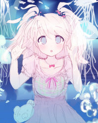  :o aged_down aquarium blonde_hair blue_eyes blush bowtie_necklace danganronpa:_trigger_happy_havoc danganronpa_(series) dress enoshima_junko jellyfish jewelry monokuma necklace pink_dress pink_ribbon pointing ribbon sketch twintails yoyoyotto 