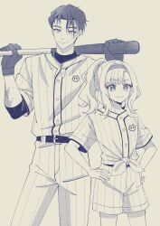  1boy 1girl alternate_costume alternate_hairstyle baseball_bat belt burn_scar closed_mouth commentary_request cowboy_shot elbow_pads freckles gloves grey_background greyscale hand_on_own_hip highres holding holding_baseball_bat j_(reverse:1999) looking_at_viewer matilda_bouanich milmil7 monochrome over_shoulder panties pants pinstripe_pattern ponytail reverse:1999 scar scar_on_face shirt short_sleeves shorts smile striped_clothes striped_pants striped_shirt striped_shorts tied_shirt two-handed underwear vertical-striped_clothes vertical-striped_pants vertical-striped_shirt vertical-striped_shorts 