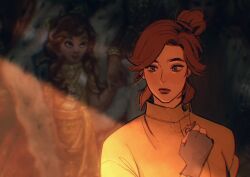  1girl anastasia_(1997) anya_(anastasia) blue_eyes clenched_hand closed_mouth commentary fingerless_gloves gloves hair_bun half_updo highres holding holding_jewelry holding_necklace jewelry looking_to_the_side myrthena necklace painting_(object) red_hair red_lips turtleneck upper_body 