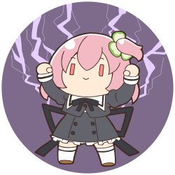  1girl arms_up assault_lily black_ribbon black_skirt border brown_shoes buttons chibi closed_mouth clothed_robot clover_hair_ornament commentary cropped_jacket four-leaf_clover_hair_ornament frilled_skirt frills full_body hair_ornament high-waist_skirt hitotsuyanagi_riri humanoid_robot juliet_sleeves lightning long_sleeves looking_at_viewer lowres masaki_itsuki mechanization neck_ribbon one_side_up pink_hair puffy_sleeves purple_background rectangular_eyes red_eyes ribbon robot robot_girl round_border school_uniform shoes short_hair simple_background skirt smile solo standing thigh-highs transparent_background untranslatable_commentary white_thighhighs yurigaoka_girls_academy_school_uniform zettai_ryouiki 