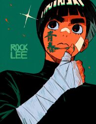  1boy absurdres bandaged_arm bandages bodysuit bowl_cut character_name commentary green_bodysuit highres m0_mo_momo male_focus naruto_(series) ribbed_leg_warmers rock_lee short_hair solo 
