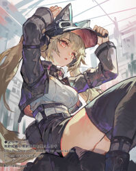  1girl :o animal_ears arms_up belt black_belt black_jacket black_pants black_shoes black_thighhighs blonde_hair commentary cropped_jacket eyewear_on_headwear fake_animal_ears feet_out_of_frame from_below goggles goggles_on_headwear hat headphones highres holding jacket long_hair long_sleeves open_clothes open_jacket open_mouth orange_eyes original pants shoes sitting solo thigh-highs twintails twitter_username unworn_eyewear white_hair yanyan_(shinken_gomi) 