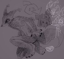  1other animal_ears arrow_(symbol) fangs fox_ears fox_tail furry grey_background halley_labs highres lapfox_trax monochrome navel open_mouth other_focus pinata polluted_bat signature simple_background sketch_inset smile solo squatting tail tqbf_(halley_labs) 