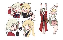 >_< 4girls ahoge arms_up black_hair black_hairband blonde_hair blush cho_kaguya-hime! coat cocacolastic commentary_request crossover green_eyes grey_shorts hair_ribbon hairband heart highres index_finger_raised indoors inoue_takina kaguya_(cho_kaguya-hime!) long_hair long_sleeves lycoris_recoil lycoris_uniform multiple_girls nishikigi_chisato one_eye_closed open_mouth pink_shorts red_coat red_eyes ribbon sakayori_iroha shirt short_hair short_sleeves shorts simple_background spoken_heart trait_connection violet_eyes white_background white_shirt 