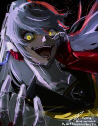  1girl android black_background commentary commentary_request crazy crazy_eyes crazy_smile dark_persona evil_smile hand_on_own_cheek hand_on_own_face headgear highres joints labrys_(persona) long_hair looking_at_viewer mechanical_arms neckerchief persona persona_4 persona_4:_the_ultimate_in_mayonaka_arena ponytail rae_ariadne robot_girl robot_joints school_uniform shadow_(persona) shadow_labrys signature simple_background smile solo twitter_username white_hair wire yasogami_school_uniform yellow_eyes yellow_neckerchief 
