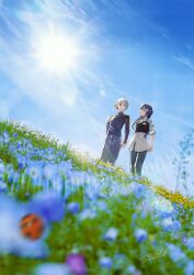  2girls blue_eyes blue_flower blue_hair blue_sky bug clouds colored_inner_hair commentary_request day dollchestra dutch_angle field flower flower_field half_updo highres holding_hands interlocked_fingers ladybug link!_like!_love_live! long_hair looking_at_another love_live! multicolored_hair multiple_girls murano_sayaka nemophila_(flower) outdoors red_eyes red_hair shirt short_hair signature sky sleeves_rolled_up standing suito virtual_youtuber white_hair white_shirt wide_shot yugiri_tsuzuri yugiri_tsuzuri_(post-graduation) yuri 
