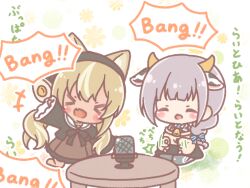  >_< 2girls :d afterimage animal_ear_fluff animal_ears barefoot bell black_jacket black_skirt braid brown_dress brown_hair brown_sweater chibi colored_shadow commentary_request cow_ears cow_girl cow_horns dark-skinned_female dark_skin dress elf english_text fang floral_background grey_hair grey_pants highres hololive horns jacket kemonomimi_mode long_hair long_sleeves microphone mitarashi_neko multicolored_hair multiple_girls neck_bell open_clothes open_jacket outline pants pants_under_skirt pointy_ears puffy_long_sleeves puffy_sleeves seiza shadow shiranui_flare shiranui_flare_(street) shirogane_noel single_braid sitting skirt sleeves_past_wrists smile streaked_hair sweater table translation_request very_long_hair virtual_youtuber white_background white_hair white_outline wide_sleeves xd 