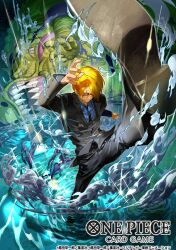  1boy animal attack bananawani_(one_piece) black_suit blank_eyes blonde_hair blue_shirt cigarette clenched_teeth collared_shirt commentary_request copyright_name curly_eyebrows hair_over_one_eye leg_up matsumoto_akira official_art one_piece one_piece_card_game sanji_(one_piece) sharp_teeth shirt short_hair smoke striped_clothes striped_shirt suit sunglasses teeth vertical-striped_clothes vertical-striped_shirt 