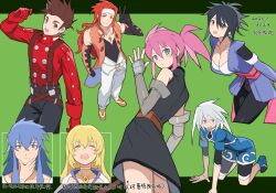  absurdres back_bow belt black_dress black_hair black_leggings black_pants black_shirt blonde_hair blue_eyes blue_hair blue_jacket blue_shoes blue_shorts blue_trim boots bow brown_belt brown_eyes brown_hair cancanbaobao55 chest_jewel colette_brunel commentary_request cropped_jacket dated detached_sleeves dress elbow_gloves fingerless_gloves fujibayashi_sheena genis_sage gloves gold_choker gold_trim green_background grey_gloves hair_ornament headband high_ponytail highres jacket japanese_clothes kimono leggings lloyd_irving long_bangs long_hair long_sleeves pants pink_bow pink_gloves pink_hair pink_ribbon pink_sash pink_vest ponytail presea_combatir purple_kimono purple_sleeves red_gloves red_hair red_shirt regal_bryan ribbon sash scarf shirt shoes shorts sidelocks sleeveless sleeveless_dress sleeveless_shirt spiky_hair suspenders tales_of_(series) tales_of_symphonia twintails undershirt v-neck vest white_boots white_hair white_headband white_jacket white_pants white_scarf zelos_wilder 