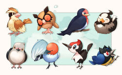  animal_focus aqua_eyes black_eyes blush bright_pupils brown_eyes closed_eyes closed_mouth commentary_request fletchling full_body highres hoothoot lila_0219 no_humans pidgey pidove pikipek pokemon pokemon_(creature) pokemon_focus red_eyes rookidee sitting sleeping starly taillow white_pupils 
