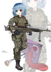  1girl :p alternate_costume black_boots black_gloves blue_eyes blue_hair body_armor boots camouflage camouflage_pants camouflage_shirt chinese_commentary commentary_request full_body gloves green_pants green_shirt gun heterochromia highres holding holding_gun holding_weapon hxj_(2324184595) karakasa_obake lace-up_boots leg_up looking_at_viewer medium_hair military_combat_uniform military_uniform pants purple_umbrella red_eyes shirt simple_background standing standing_on_one_leg tatara_kogasa tongue tongue_out touhou umbrella walkie-talkie weapon weapon_request white_background zoom_layer 