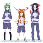  contemporary frog green_hair gym_uniform hakurei_reimu highres horns ibuki_suika kagekichirou kochiya_sanae oekaki ribbon ribbons snake sportswear touhou 