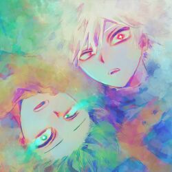  2boys bakugou_katsuki blonde_hair boku_no_hero_academia collared_shirt commentary diamond-shaped_pupils diamond_(shape) glowing glowing_eyes green_eyes green_hair highres male_focus midoriya_izuku multicolored_shirt multiple_boys open_mouth orange_scarf parted_bangs red_eyes scarf shirt short_hair sinyamonnnnn superhero_costume symbol-shaped_pupils uneven_eyes 