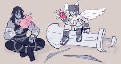  2boys ahoge angel angel_wings appeypie arm_tattoo arm_wrap boned_meat bottle closed_eyes eating food grey_background holding holding_bottle holding_food kid_icarus kid_icarus_uprising laurel_crown magnus_(kid_icarus) magnus_club_(kid_icarus) male_focus meat multiple_boys palutena_bow_(kid_icarus) pit_(kid_icarus) sitting sitting_on_weapon spot_color sword tattoo weapon wings 