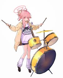  1girl absurdres ahoge blue_archive drum drum_set drumsticks full_body halo highres holding holding_drumsticks instrument jacket logo_print long_hair loose_socks natsu_(band)_(blue_archive) natsu_(blue_archive) official_alternate_costume open_clothes open_jacket pink_hair pink_halo pleated_skirt poxiao_buff print_shirt red_eyes shirt simple_background skirt socks solo white_background white_shirt 