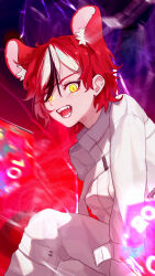  1girl animal_ear_fluff animal_ears black_hair black_streaks commentary d20_(die) dice hair_between_eyes hakos_baelz highres hololive hololive_english looking_at_viewer mouse_ears multicolored_hair official_alternate_costume open_mouth polyhedral_dice psycho_(hololive) rantomato18 red_hair sharp_teeth short_hair sitting straitjacket streaked_hair teeth tongue virtual_youtuber white_hair yellow_eyes 