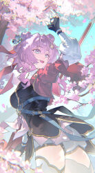  1girl absurdres bell black_dress black_gloves blue_eyes blurry blurry_foreground breasts cherry_blossoms chinese_clothes chinese_commentary commentary_request cropped_jacket dress fingerless_gloves from_below gloves gold_trim hair_bell hair_ornament hair_ribbon highres holding holding_sword holding_weapon honkai:_star_rail honkai_(series) jingle_bell looking_back lushi_jin_up march_7th_(honkai:_star_rail) march_7th_(hunt)_(honkai:_star_rail) medium_breasts multicolored_eyes official_alternate_costume pink_eyes pink_hair puffy_sleeves ribbon short_hair shorts smile sword weapon 