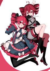  2girls absurdres ahoge alternate_costume black_pantyhose black_socks commentary detached_sleeves dress drill_hair dual_persona full_body grey_dress grey_jacket grey_shorts heart heart_ahoge highres jacket kasane_teto kasane_teto_(sv) kasane_teto_(utau) long_sleeves looking_at_viewer multiple_girls pantyhose ramenmashipanda red_eyes red_hair short_dress shorts socks synthesizer_v thigh_strap twin_drills utau 