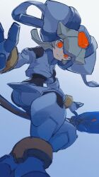  1girl armor commentary_request crop_top forehead_jewel glowing glowing_eyes gradient_background green_hair helmet lemon_inu looking_at_viewer mega_man_(series) mega_man_zx model_w_(mega_man) pandora_(mega_man) power_armor red_eyes revision ringed_eyes sketch staff white_helmet 