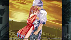  1boy 1girl 2000s_(style) aleph_coulson anime_coloring atelier-moo breasts bridge brown_hair closed_eyes evening faceless faceless_male foot_out_of_frame game_cg hat hug leotard medium_breasts non-web_source official_art pants parted_hair ponytail purple_hat purple_shirt red_shawl shawl shirt short_hair short_sleeves standing striped_hat white_hair yuukyuu_gensoukyoku 