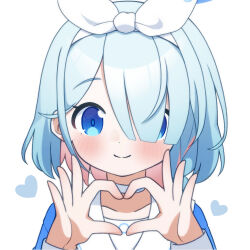  1girl arona_(blue_archive) blue_archive blue_eyes blue_hair blue_halo blue_shirt blush bow bow_hairband braid braided_sidelock choker close-up colored_inner_hair commentary_request four-finger_heart_hands hairband halo heart heart_hands highres looking_at_viewer medium_hair multicolored_hair petako_(ptpt_k) pink_hair portrait sailor_collar shirt sidelocks simple_background smile solo white_background white_bow white_choker white_hairband white_sailor_collar 