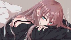  1girl ayatsumugi_roka bare_shoulders black_sweater blue_eyes brown_hair cho_kaguya-hime! closed_mouth commentary_request darling_(suda_keina) green_nails grey_background highres long_hair looking_at_viewer lyrics off_shoulder pillow reitai-san simple_background smile solo strap sweater translation_request twitter_username 