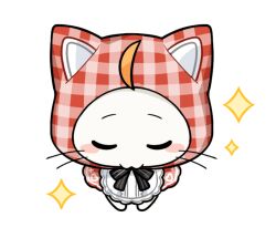  :3 ahoge animal animal_focus artist_request bib black_bow black_bowtie blush_stickers bow bowing bowtie cat center_frills cloak closed_eyes closed_mouth clothed_animal ear_covers frills happy hood hood_up hooded_cloak infinity_nikki momo_(nikki) nikki_(series) no_humans official_alternate_costume official_art plaid_cloak plaid_clothes red_cloak smile solo sparkle standing sticker straight-on striped_bow striped_bowtie striped_clothes transparent_background whiskers white_cat 