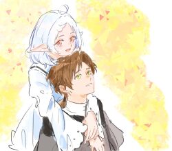  1boy 1girl ahoge brown_hair elf es_limi green_eyes hand_on_another's_chest highres hug husband_and_wife mole mole_under_eye mushoku_tensei pointy_ears ponytail red_eyes rudeus_greyrat smile sylphiette_(mushoku_tensei) white_hair 