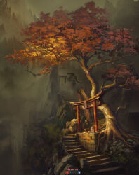 absurdres artist_name artstation_logo clouds cloudy_sky commentary dragon english_commentary facebook_logo fog grass highres mountain mountainous_horizon no_humans orange_leaf original outdoors painterly scenery sicuvn sky stairs sunlight torii tree yellow_leaf youtube_logo 