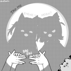  absurdres alten animal_ears demon_horns demon_wings dog_ears dog_girl dog_shadow_puppet eyes_in_shadow fangs fuwawa_abyssgard glasses hatching highres hoeh_(meme) hololive hololive_english horns looking_at_viewer meme mococo_abyssgard mouth_in_shadow open_mouth perroccino_(fuwamoco) shadow short_hair siblings thumbnail_surprise twins virtual_youtuber white_background wings 