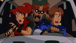  1990s_(style) 1girl 2boys blank_eyes blue_eyes blue_shirt brown_hair car car_interior claire_redfield driving fake_screenshot faux_retro_artstyle fingerless_gloves gloves hands_up leon_s._kennedy lipstick makeup missing_tooth motor_vehicle multiple_boys open_mouth pink_lips police police_uniform ponytail red_vest resident_evil resident_evil_2 retro_artstyle shirt short_hair steering_wheel surprised teeth undead upper_teeth_only vest yinyanggio14 zombie 