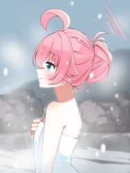  1girl absurdres ahoge alternate_hairstyle blue_archive blue_eyes blush commentary_request crossed_bangs flat_chest from_side grey_sky hair_between_eyes hair_bun hair_flaps halo highres hoshino_(blue_archive) huge_ahoge looking_ahead naked_towel onsen petako_(ptpt_k) pink_hair pink_halo rock sidelocks sky smile snowing solo steam towel upper_body 