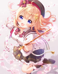  1girl ahoge black_bow black_bowtie black_hat black_shoes black_skirt black_socks blue_eyes blush bow bowtie breasts commentary_request diagonal-striped_bow diagonal-striped_bowtie diagonal-striped_clothes foot_out_of_frame gochuumon_wa_usagi_desu_ka? grey_background hair_ornament hat hat_bow highres holding holding_wand hoto_cocoa jacket kneehighs layered_skirt looking_at_viewer magic medium_breasts mozukun43 open_mouth orange_hair pleated_skirt red_bow red_bowtie shoes sidelocks signature simple_background skirt smile socks solo sparkle standing standing_on_one_leg striped_bow striped_bowtie striped_clothes two_side_up wand white_jacket 