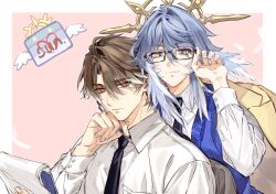  2boys absurdres adjusting_eyewear alternate_costume bespectacled black-framed_eyewear black_necktie blue_hair blue_pupils blue_sweater_vest border brown_hair chinese_commentary closed_mouth coat coat_on_shoulders collared_shirt commentary_request eyes_visible_through_hair feathers frown glasses hair_between_eyes hair_intakes halo halo_behind_head hand_on_own_chin hand_up head_wings highres holding holding_pen honkai:_star_rail honkai_(series) kapianshenshi long_sleeves looking_at_viewer male_focus medium_hair multicolored_hair multiple_boys necktie outside_border pen pink_background red_eyes semi-rimless_eyewear shirt short_hair simple_background smile streaked_hair sunday_(honkai:_star_rail) sweater_vest under-rim_eyewear welt_yang white_border white_shirt white_streaks wing_collar wings yellow_coat yellow_eyes 
