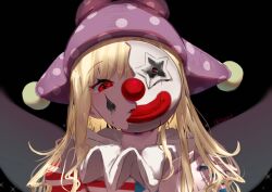  1girl american_flag american_flag_print black_hair blonde_hair broken_mask clown_mask clownpiece commentary facial_mark fairy_wings flag_print hat ilvsn6_6 jester_cap long_hair looking_at_viewer mask portrait purple_hat red_eyes solo symbol-shaped_pupils teardrop_facial_mark touhou untranslatable_commentary wings 