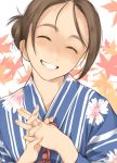  blush brown_hair closed_eyes gafas hands happy japanese_clothes kamo kimono leaf leaves original ponytail smile solo 