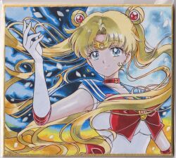  1girl arm_up back_bow bishoujo_senshi_sailor_moon blonde_hair blue_eyes blue_sailor_collar bow breasts chikoto_(kztc4472) choker closed_mouth collarbone commentary crescent crescent_choker crescent_earrings double_bun earrings elbow_gloves full_moon gem gloves gold_tiara hair_bun hair_ornament highres jewelry leotard lone_nape_hair long_hair magical_girl medium_breasts moon night outdoors parted_bangs petals photo_(medium) picture_frame red_bow red_choker red_gem red_trim sailor_collar sailor_moon sailor_senshi_uniform short_sleeves smile solo tiara traditional_media transformation_brooch_(sailor_moon) tsukino_usagi twintails upper_body white_gloves white_leotard white_petals 
