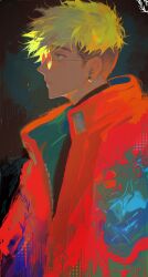  1boy absurdres aqua_eyes black_background black_hair blonde_hair blue_coat closed_mouth coat commentary_request earrings highres jewelry male_focus multicolored_hair orange-tinted_eyewear piercing profile red_coat rimless_eyewear round_eyewear short_hair solo tinted_eyewear trigun trigun_stampede two-sided_coat two-sided_fabric two-tone_hair upper_body vash_the_stampede yu_(zatta13chan) 