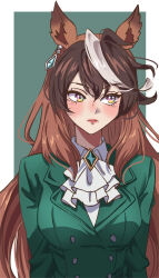 1girl animal_ears ascot blush border brown_hair buttons closed_mouth collared_shirt double-breasted earrings green_background green_jacket hair_between_eyes highres horse_ears horse_girl jacket jewelry long_hair long_sleeves looking_to_the_side multicolored_hair semiesha shirt single_earring solo streaked_hair symboli_rudolf_(umamusume) umamusume violet_eyes white_ascot white_border white_hair 