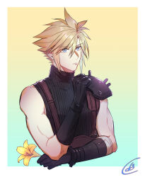 1boy armor belt black_gloves black_shirt blonde_hair blue_eyes border brown_belt closed_mouth cloud_strife commentary_request cropped_torso crossed_arms final_fantasy final_fantasy_vii final_fantasy_vii_remake flower gloves gradient_background hair_between_eyes highres holding holding_flower korean_commentary lily_(flower) male_focus parted_bangs pauldrons ribbed_shirt roptooo shirt short_hair shoulder_armor signature single_bare_shoulder single_pauldron sleeveless sleeveless_turtleneck solo spiky_hair suspenders turtleneck white_border yellow_flower 